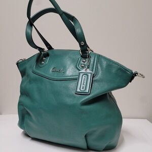 Coach Madison Phoebe Teal Green Pebbled Leather Shoulder Bag Tote Silver